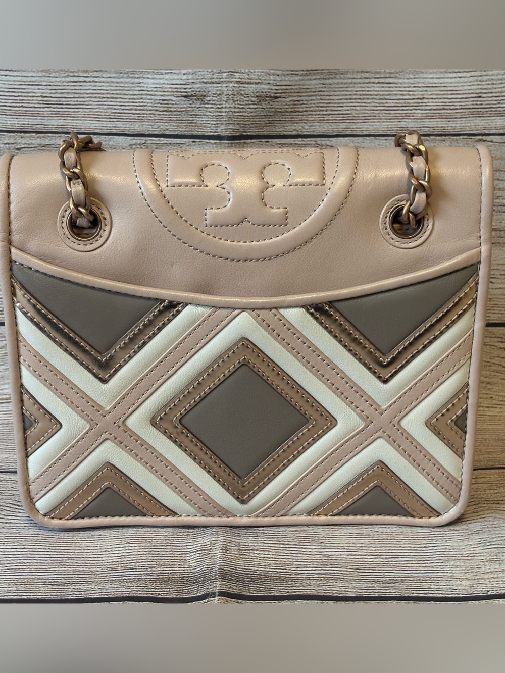 Tory Burch Fleming Geo Leather Shoulder Bag-Pink, Metallic, white
